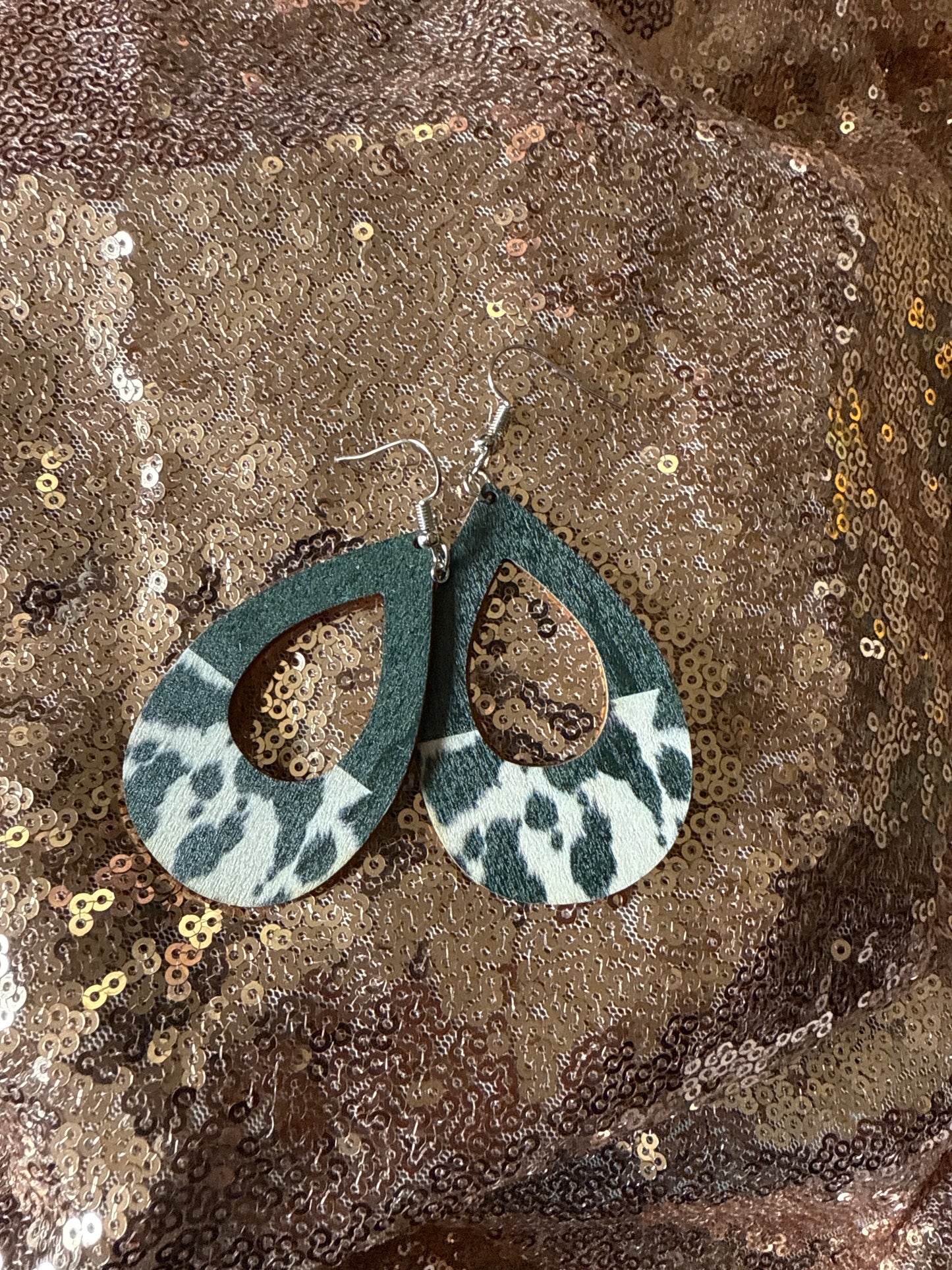 Wood tear drop black and white cow print