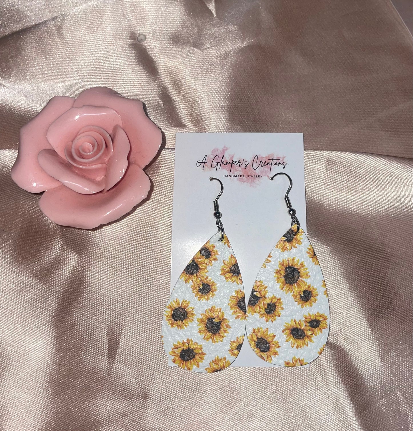 Leather tear drop sunflower earrings