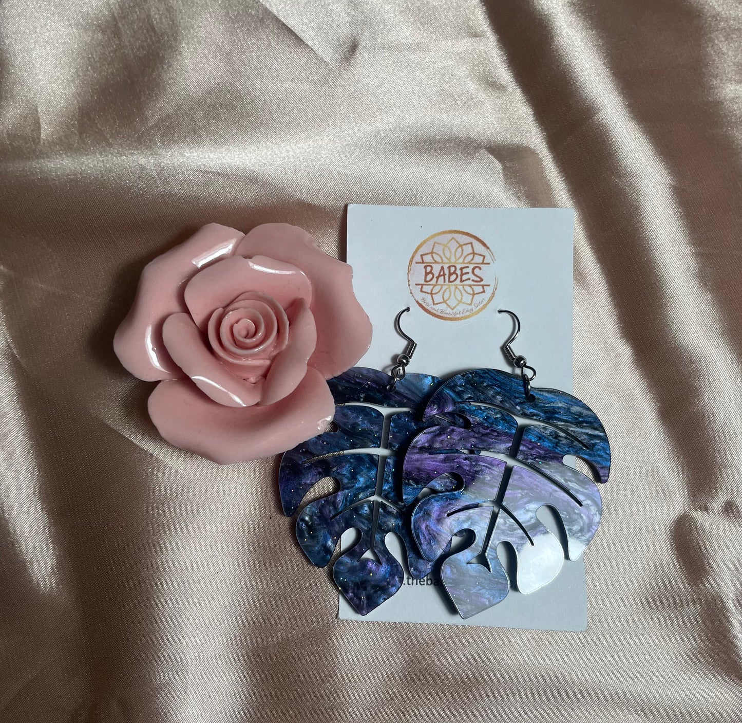 Plastic blue and purple leaf earrings