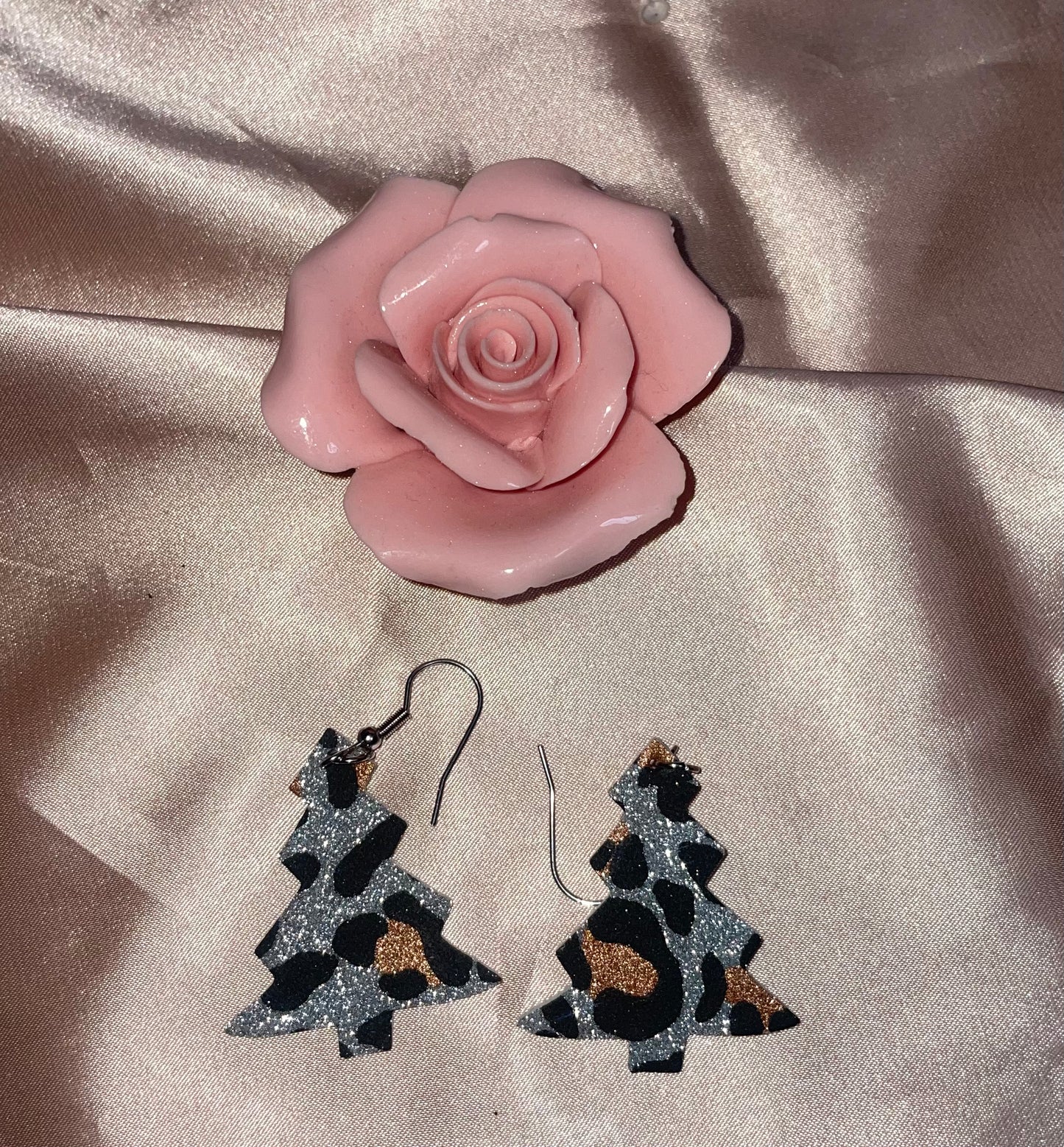 Leather tree shape animal print earrings