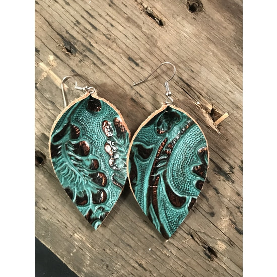 Small Teal and Copper leather earrings