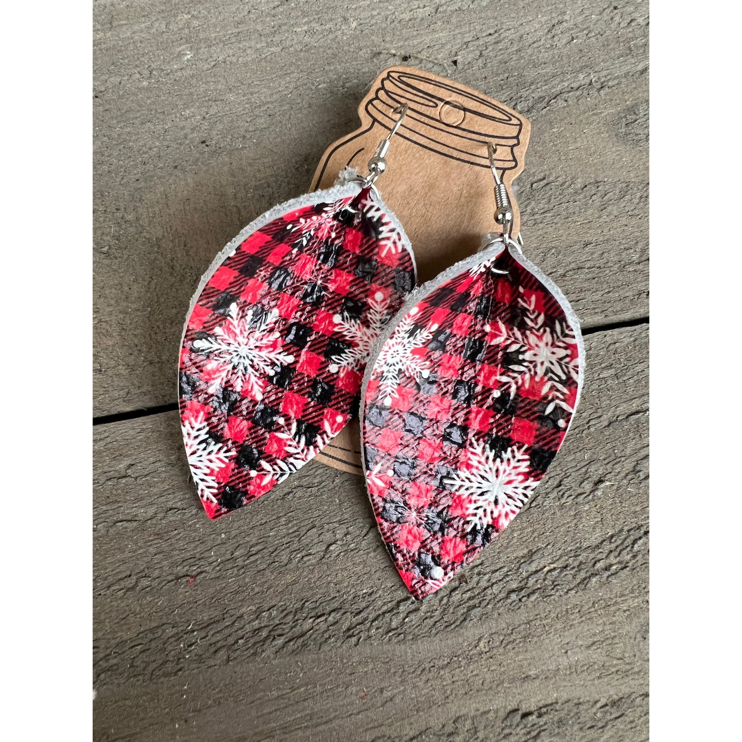 Buffalo plaid snowflake leather tear drop earrings