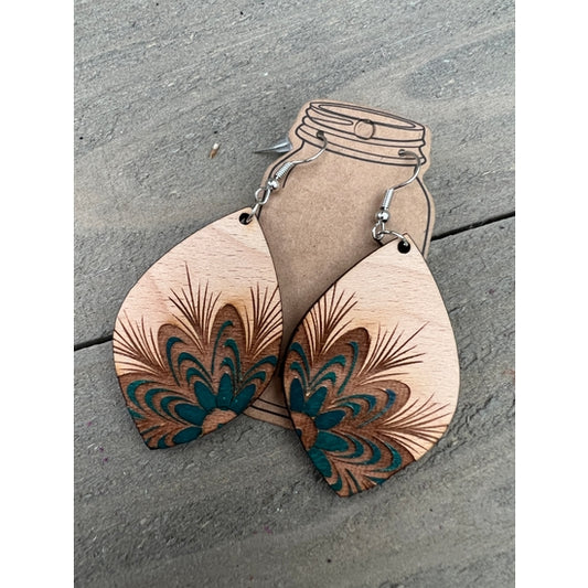 Teal and Green wooden peacock earrings