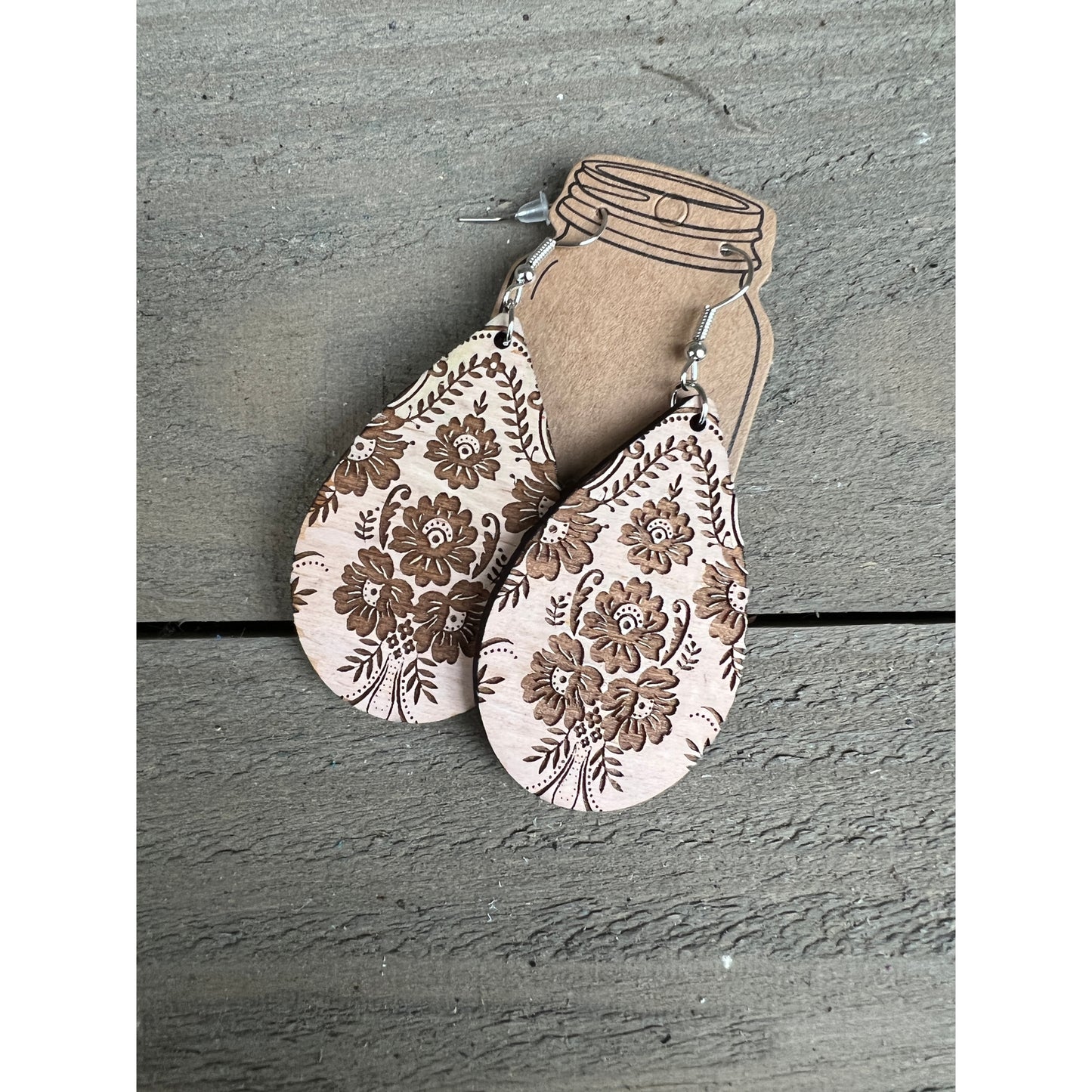Wood floral engraved flowers tear drop earrings
