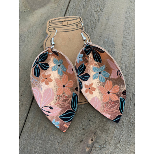 Rose gold floral leather earrings
